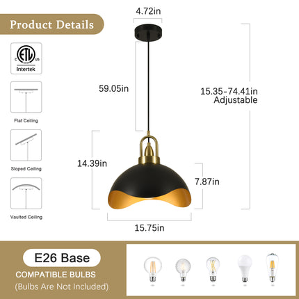 2-Pack 15.75" Matte Black & Brass Wavy Dome Pendant Lights