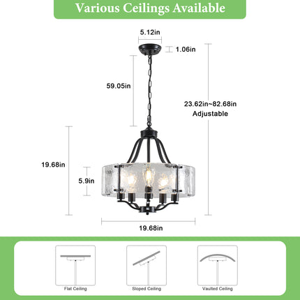 5-Light Matte Black Chandelier with Large Glass Shade