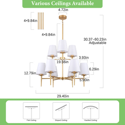 9-Light 2-Tier Matte Gold Chandelier with White Linen Shades
