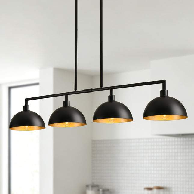 4-Light Matte Black Linear Dome Pendant with Gold Interior