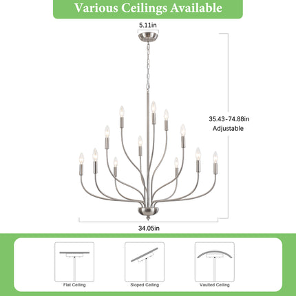 12-Light Brushed Nickel 3-Tier Lotus Candle Chandelier