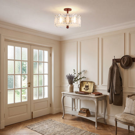 5-Light Brass Wood & Oval Ruffled Glass Ceiling Light