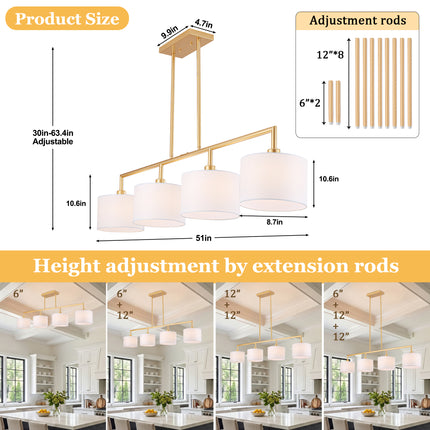 4-Light Matte Gold Island Light with White Drum Fabric Shades