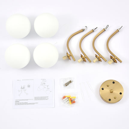 4-Light Brushed Brass Milk Glass Globe Semi Flush Mount