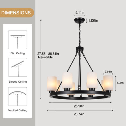 8-Light Black Wagon Wheel Chandelier with Frosted Glass