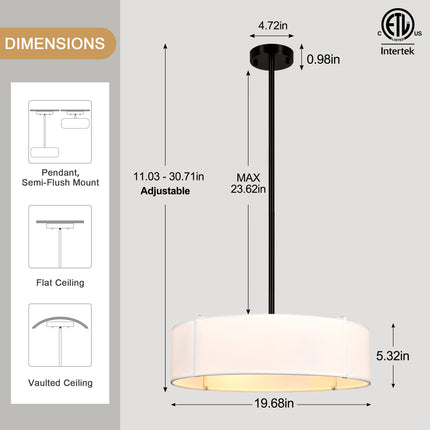 2-in-1 Black 5-Light Fabric Drum Light