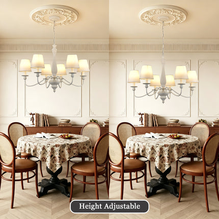 6-Light Antique White Wood Farmhouse Chandelier with Fabric Shades