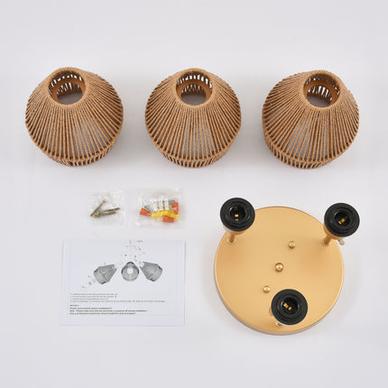 3-Light Matte Gold Adjustable Rattan Ceiling Light