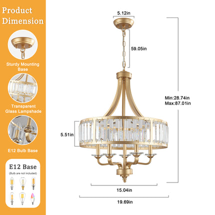 5-Light Brushed Brass Candle Chandelier with Crystal Rod Shades