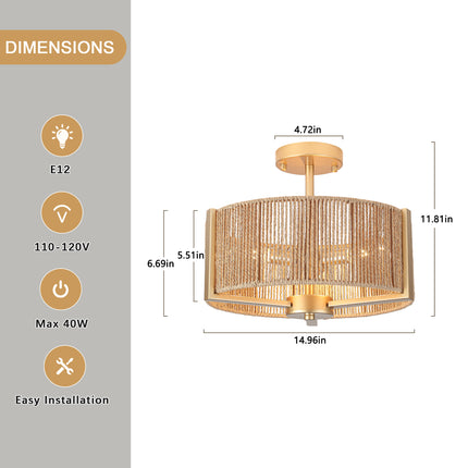 Rustic Black 3-Bulb Rattan Drum Ceiling Light