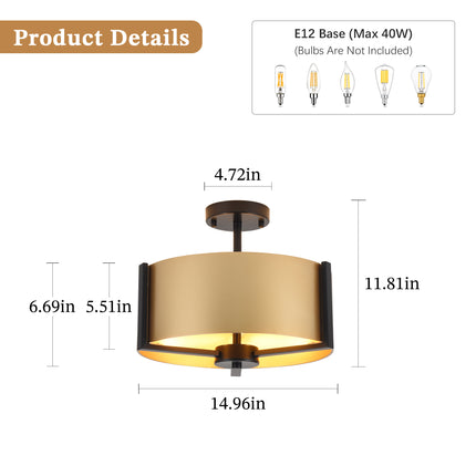 3-Light Black Metal Drum Flush Mount Ceiling Light