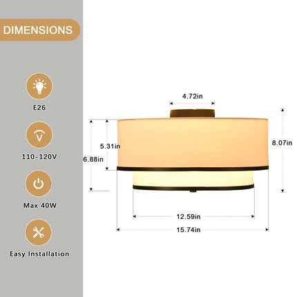 3-Light Black Double Drum Flush Mount Ceiling Light