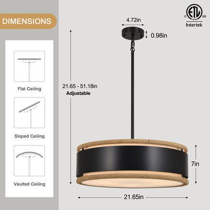 5-Light Black Rope Drum Pendant