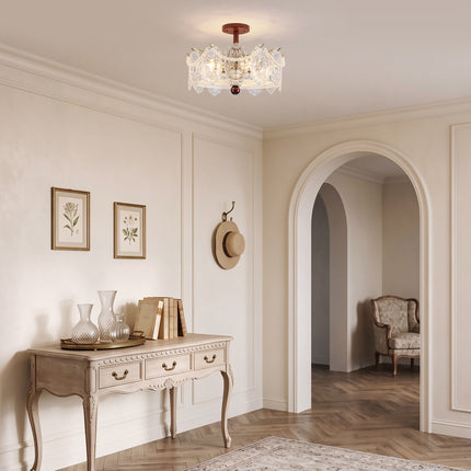 5-Light Brass Wood & Beaded Scalloped Glass Ceiling Light