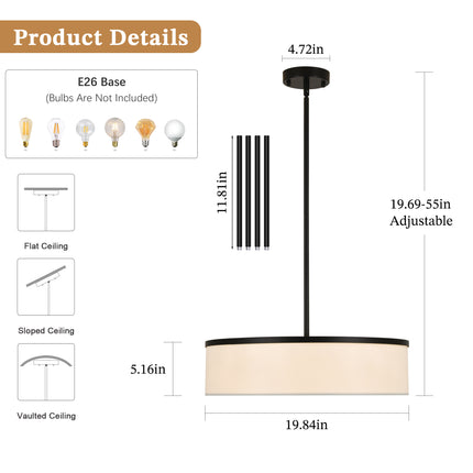 5-Light Black Drum Pendant with White Fabric Shade