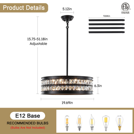 Modern 6-Light Matte Black Crystal Drum Chandelier