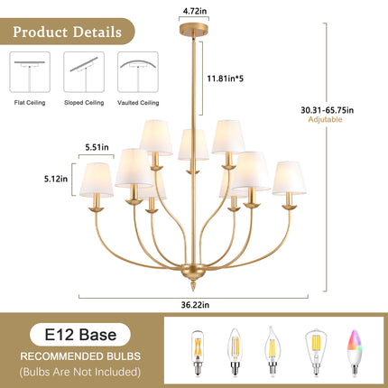 9-Light 2-Tier Brushed Brass Candle Chandelier with Linen Shades