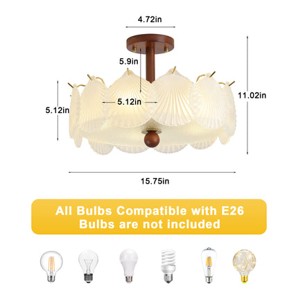 5-Light Brass Wood & Frosted Shell Glass Ceiling Light