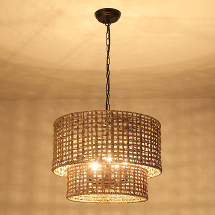 5-Light 2-Tier Woven Seagrass pendant light