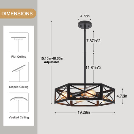 4-Light Industrial Black Geometric Cage Chandelier