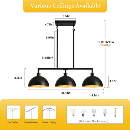 3-Light Matte Black Linear Dome Pendant with Gold Interior