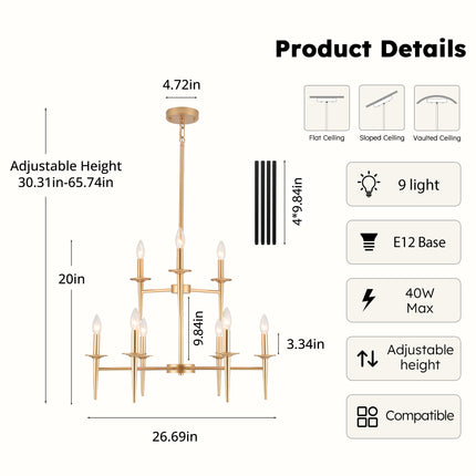 9-Light 2-Tier Matte Gold Candle Chandelier