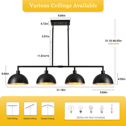 4-Light Matte Black Linear Dome Pendant with Gold Interior