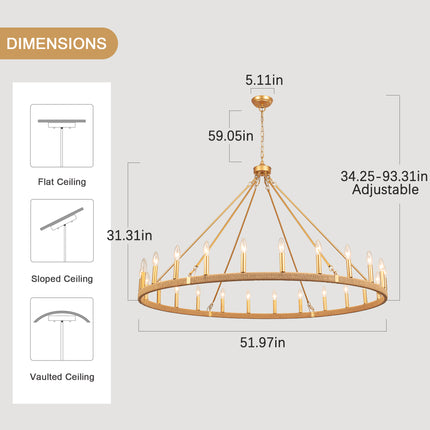24-Light Matte Gold Rope Wagon Wheel Chandelier