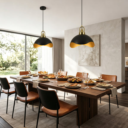 2-Pack 15.75" Matte Black & Brass Wavy Dome Pendant Lights