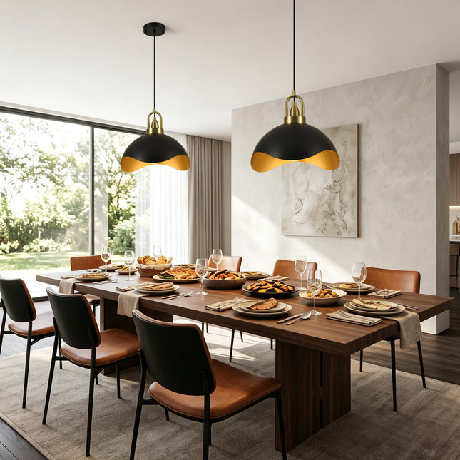 2-Pack 15.75" Matte Black & Brass Wavy Dome Pendant Lights