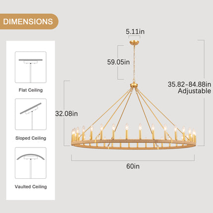 36-Light Matte Gold Rope Wagon Wheel Chandelier