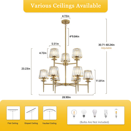 9-Light 2-Tier Brass Chandelier with Fluted Cone Glass