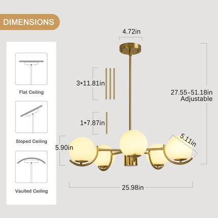 5-Light Brushed Brass Convertible Globe Ceiling Light with Milk Glass