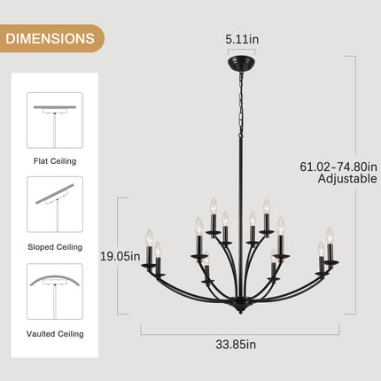 12-Light Black Vintage Lotus Candle Chandelier