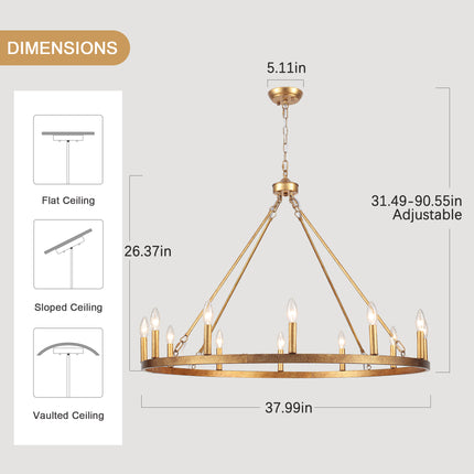 12-Light Antique Gold Wagon Wheel Chandelier
