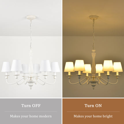 6-Light Antique White Wood Farmhouse Chandelier with Fabric Shades