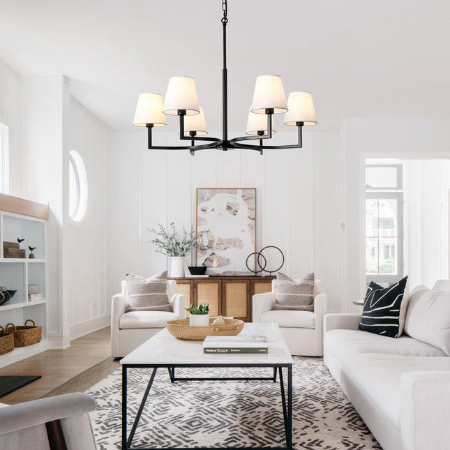 6-Light Black Chandelier with White Fabric Shades