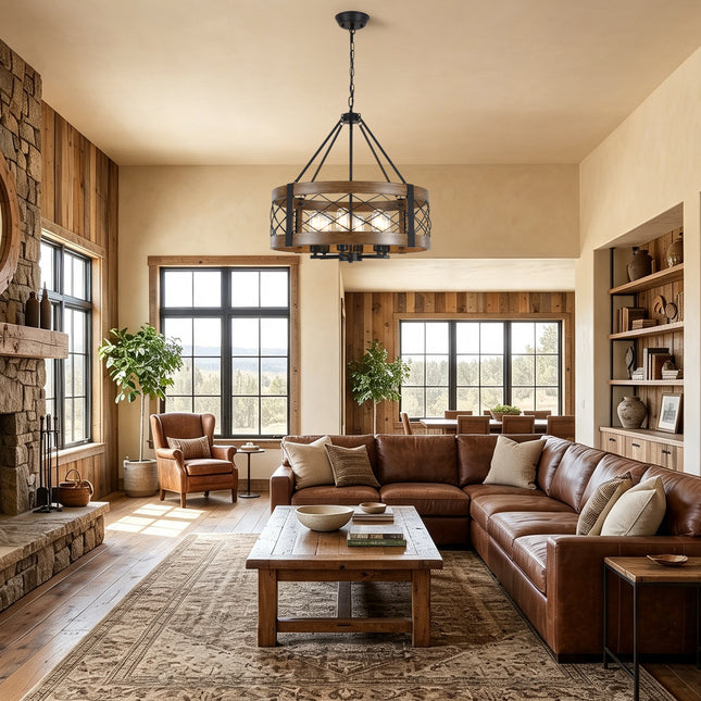 6-Light Farmhouse Faux Wood Drum Chandelier