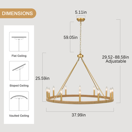 12-Light Matte Gold Rope Wagon Wheel Chandelier
