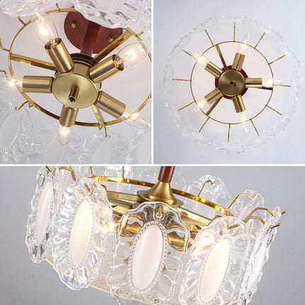 5-Light Brass Wood & Oval Ruffled Glass Ceiling Light