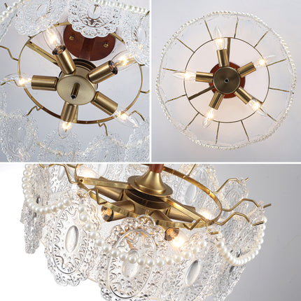 5-Light Brass Wood & Beaded Scalloped Glass Ceiling Light