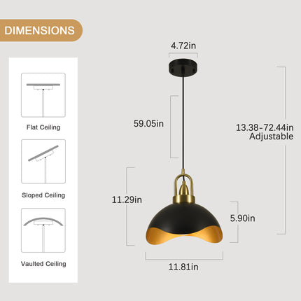 2-Pack 11.8" Matte Black & Brass Wavy Dome Pendant Lights