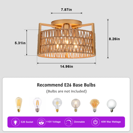 3-Light Matte Gold Woven Rope Ceiling Light