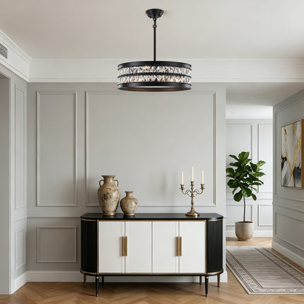 Modern 6-Light Matte Black Crystal Drum Chandelier