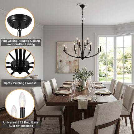 12-Light Black Vintage Lotus Candle Chandelier