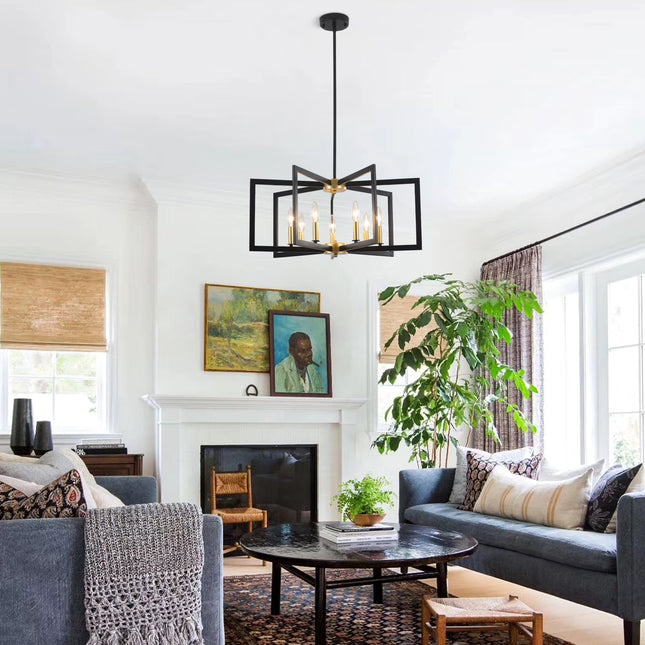 7-Light Black and Gold Geometric Candle Chandelier