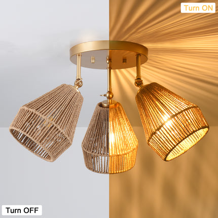 3-Light Matte Gold Adjustable Rattan Ceiling Light