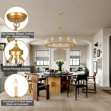 12-Light Matte Gold Rope Wagon Wheel Chandelier