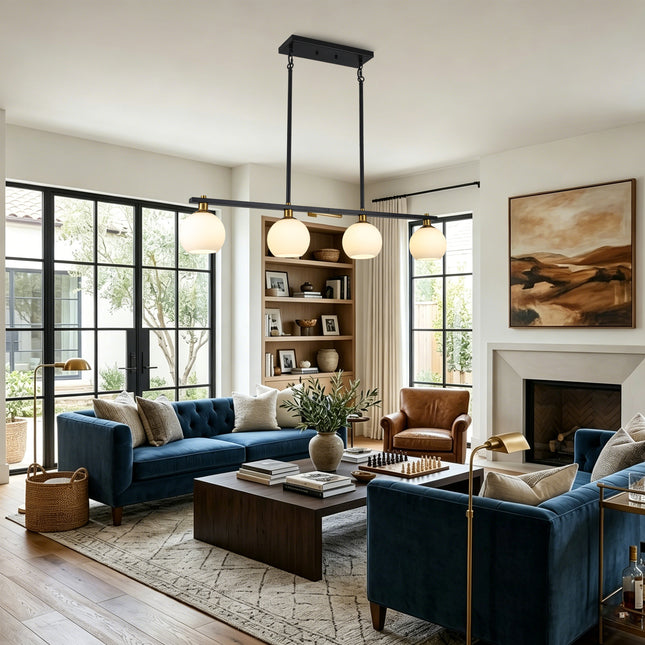 Modern 4-Light Black & Brass Globe Linear Pendant