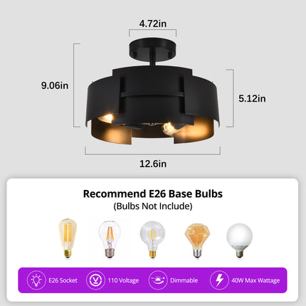 3-Light Black Metal Flush Mount Ceiling Light
